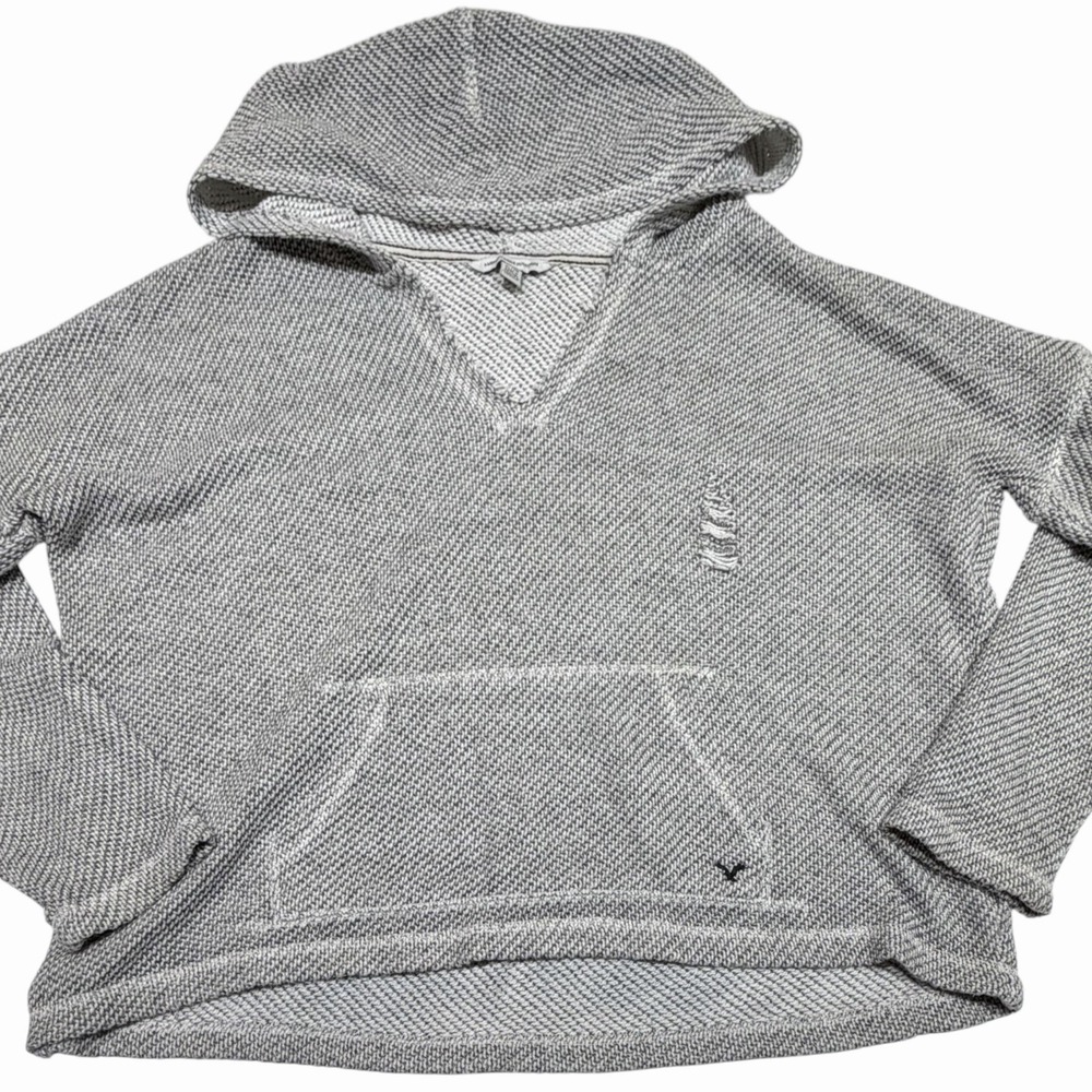 American Eagle Womens XL Gray Textured Cropped Hoodie Pullover Kangaroo Pocket